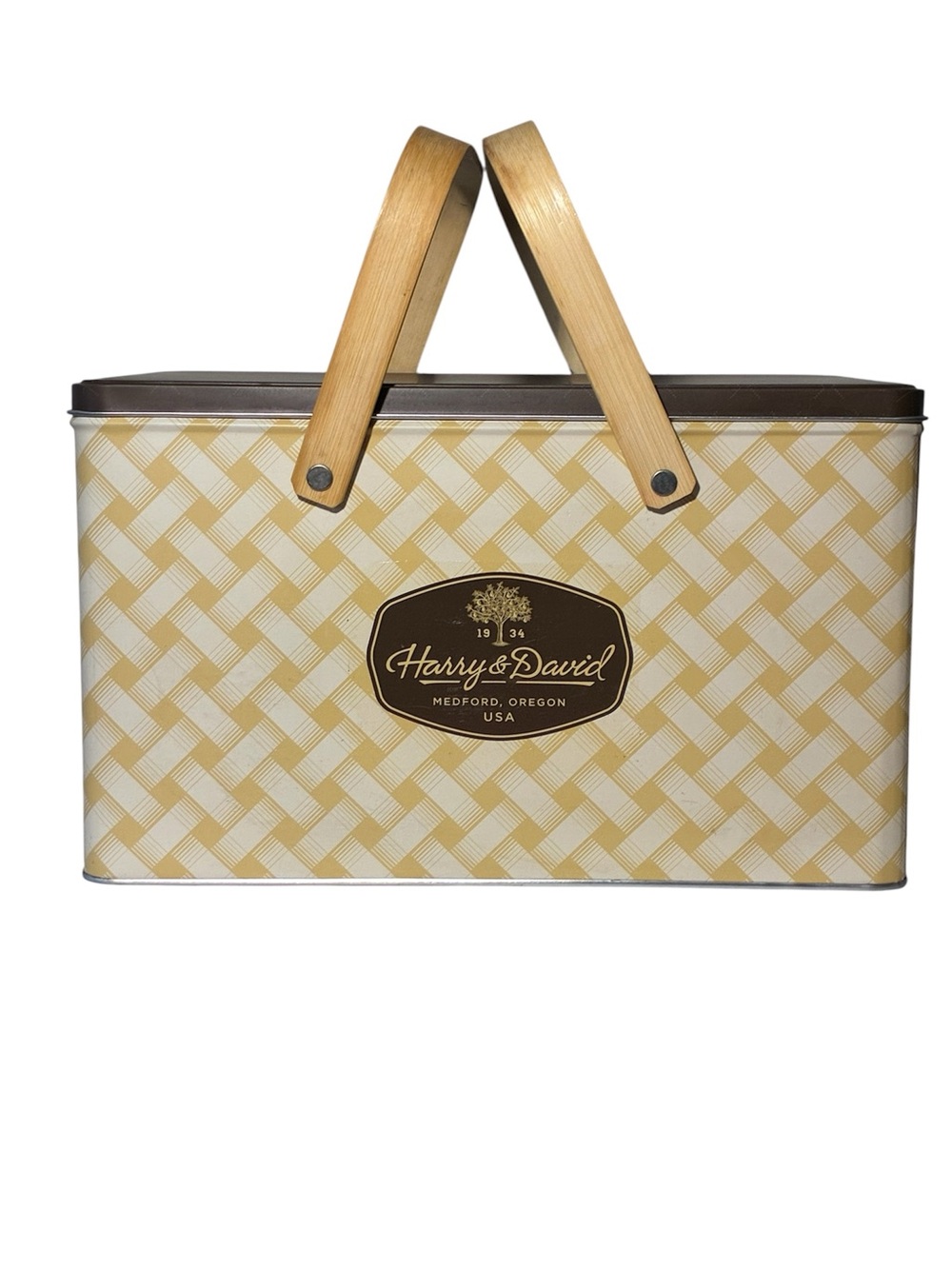 Harry & David Picnic Basket Tin w/ Wood Handles | Yellow Woven Storage Box - Picture 2 of 10
